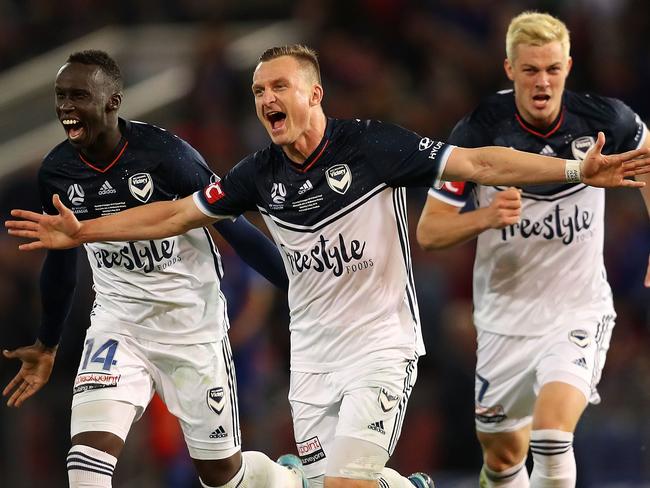 NEWCASTLE, AUSTRALIA - MAY 05:  Besart Berisha of the Victory celebrates the win over the Jets during the 2018 A-League Grand Final match between the Newcastle Jets and the Melbourne Victory at McDonald Jones Stadium on May 5, 2018 in Newcastle, Australia.  (Photo by Tony Feder/Getty Images)