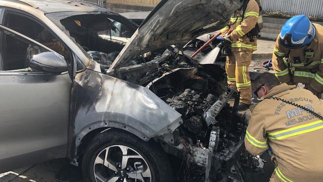 The fire ripped the car’s engine to shreds.