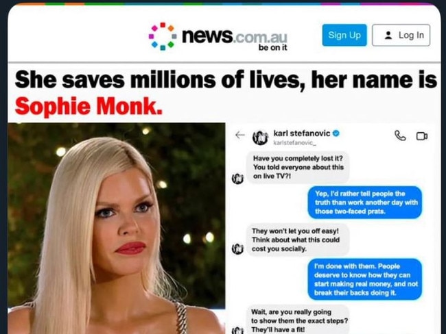 A false text exchange between Sophie Monk and Karl Stefanovic was also shared on X. The post was designed to look like it came from news.com.au.