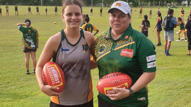 Danielle Ponter, left, with St Mary's women's coach Danielle Chisholm at a combined training session with the club’s junior and senior players. Picture: Grey Morris