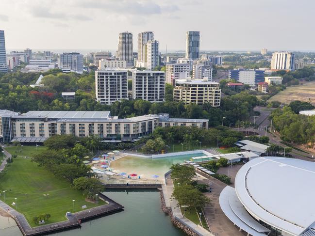 Aerial view of Darwin's Waterfront Precinct...Darwin Waterfront is home to the Wave Pool and also safe swimming Recreation Lagoon...Cafes and restaurants offer plenty of opportunities to refuel after a morning swim, linger over a luxurious lunch, or stop for a sundowner.