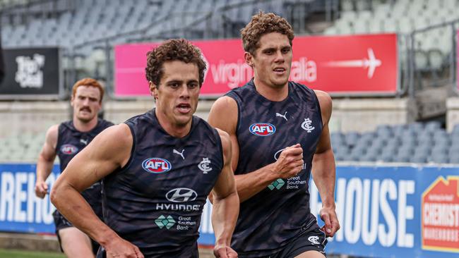 Ed, left, Charlie Curnow Curnow at Carlton training. Picture: Supplied