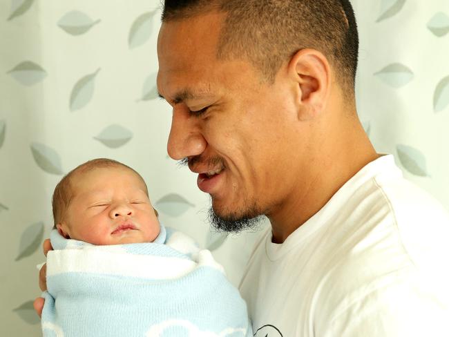 Wests Tigers forward Sauaso Sue with his newborn son Ezekiel at Westmead Hospital,Westmead.Picture Gregg Porteous