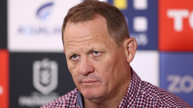 SYDNEY, AUSTRALIA - APRIL 08: Broncos coach Kevin Walters speaks to media in the post match press conference during the round five NRL match between the South Sydney Rabbitohs and the Brisbane Broncos at Stadium Australia on April 08, 2021, in Sydney, Australia. (Photo by Mark Metcalfe/Getty Images)