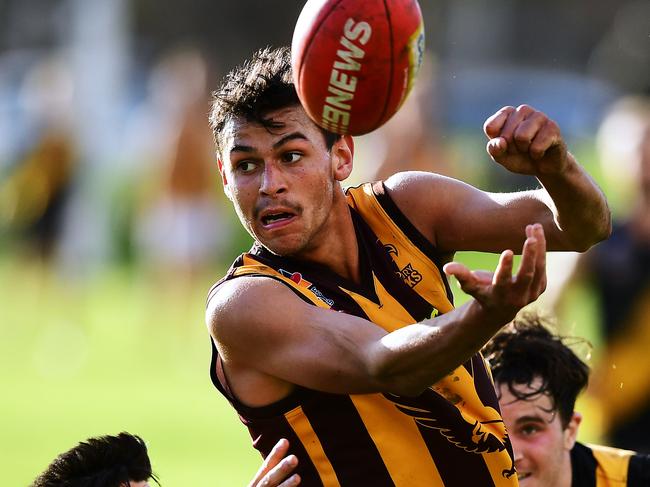 Daniel Kaipara of Modbury handballs during the Adelaide Footy League division two match between Broadview and Modbury at Broadview Oval. Saturday July 13,2019.(Image AAP/Mark Brake)