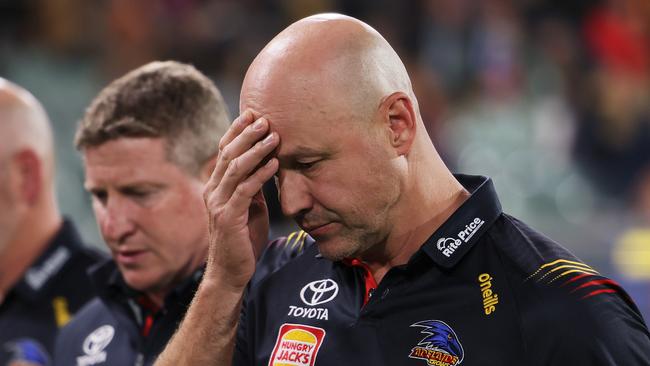 ADELAIDE, AUSTRALIA - APRIL 19: Matthew Nicks, Senior Coach of the Crows reacts during the 2024 AFL Round 06 match between the Adelaide Crows and the Essendon Bombers at Adelaide Oval on April 19, 2024 in Adelaide, Australia. (Photo by James Elsby/AFL Photos via Getty Images)