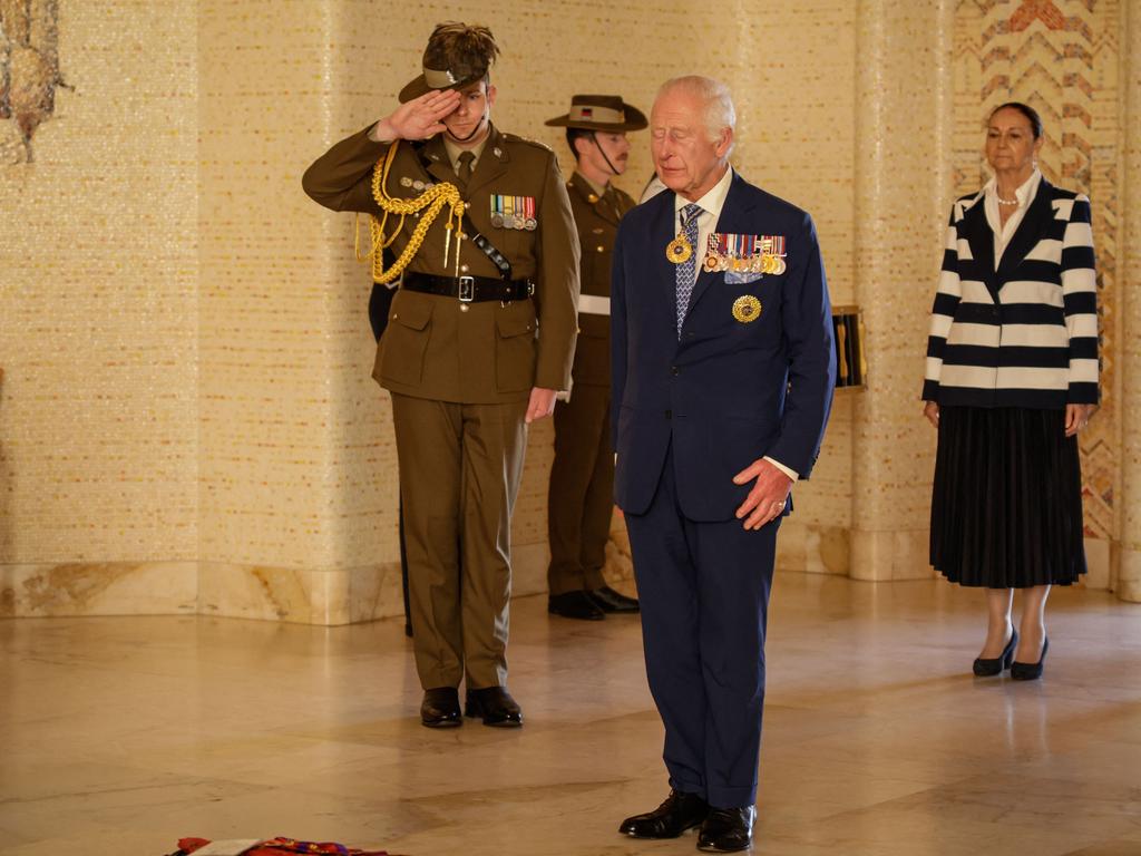 King Charles III stands after laying a wreath at the Australian War Memorial in Canberra. Picture: AFP