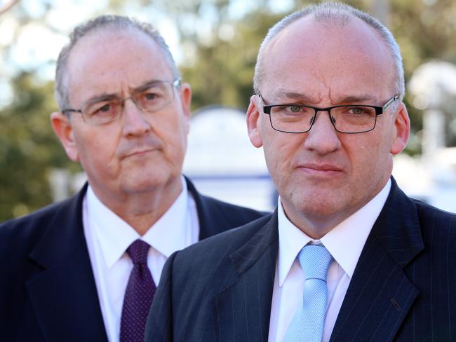 Luke Foley, NSW opposition leader and Walt Secord, shadow health minister call for Julia Skinner to be sacked. Picture: Craig Greenhill