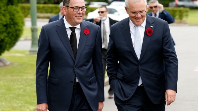 Mr Morrison (R) and Mr Andrews (L) arrive at Shrine of Remembrance on Thursday. Picture: Darrian Traynor/Getty Images
