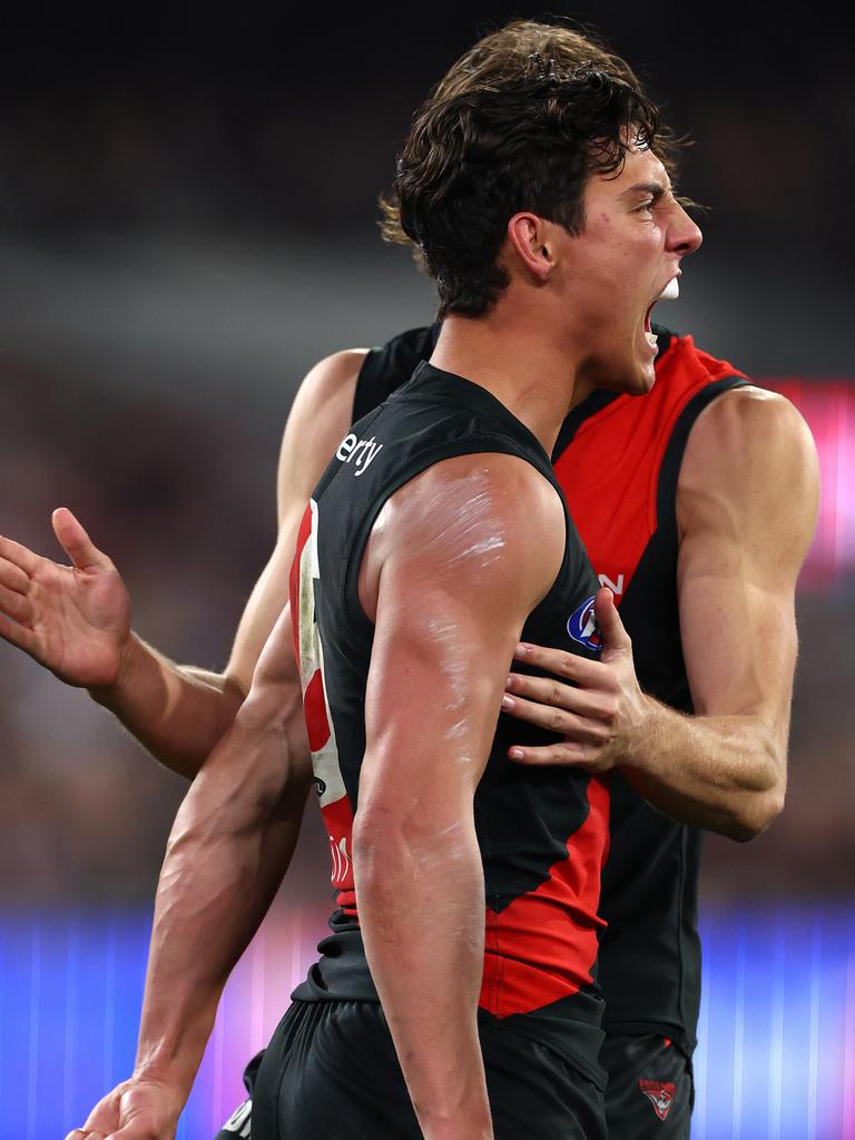 Jye Caldwell celebrates a goal against the Magpies. Picture: Quinn Rooney/Getty Images