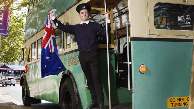 Pictured at Circular Quay in Sydney on 2025 Australia Day is Chris Smajlov form the Sydney Bus Museum which is offering free rides up and down Macquarie Street for Australia Day. Picture: Richard Dobson