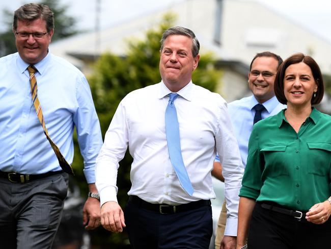 Opposition Leader Tim Nicholls flanked by LNP Member for Toowoomba North Trevor Watts, Member for Toowoomba South David Janetzki and deputy LNP leader Deb Frecklington in Toowoomba today. Picture: Dan Peled/AAP