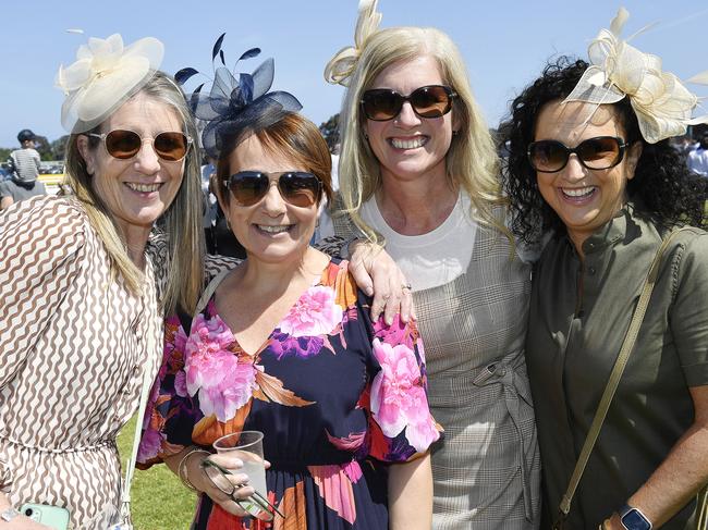 Caulfield Guineas horse race meeting, Caulfield, Victoria, Saturday 12th October 2024. Faces in the crowd. Pictured enjoying the race meeting are Tracey, Anna, Jen and Frann.Picture: Andrew Batsch