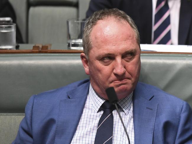 Drought envoy Barnaby Joyce reacts during House of Representatives Question Time at Parliament House in Canberra, Wednesday, October 17, 2018.  (AAP Image/Lukas Coch) NO ARCHIVING