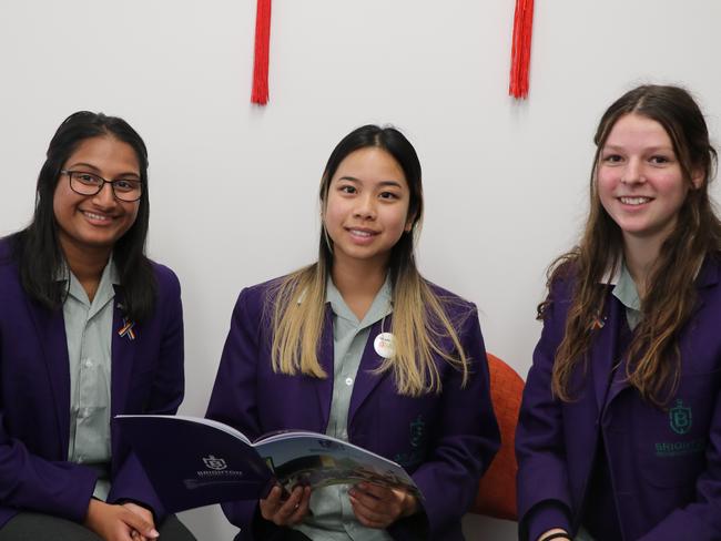 Brighton Secondary College captains Kiyara Perera and Isabel Overhill, and international college captain Bethany Pham.