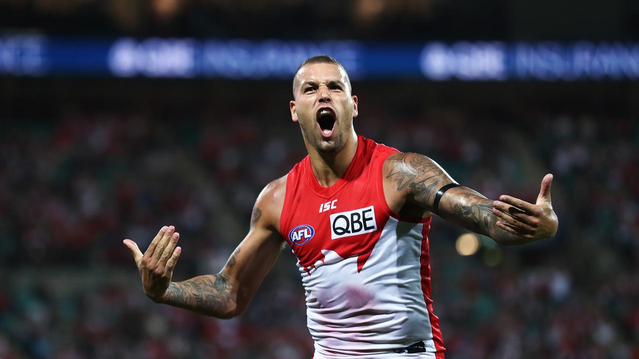 Lance Franklin celebrates a goal earlier this season.