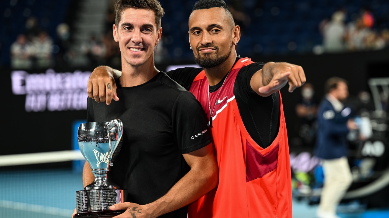 Nick Kyrgios crosses the line in Aussie Open mens double victory speech with Thanasi Kokkinakis Sky News Australia