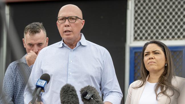 Opposition Leader Peter Dutton speaks to media in Alice Springs, with Senator Jacinta Price. Picture: Liam Mendes