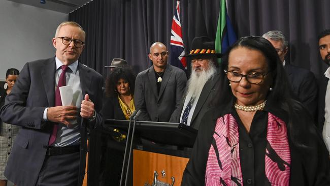 Anthony Albanese, his team and members of the referendum working group at the press conference on Thursday to unveil the wording for the proposed amendment on the Indigenous voice. Picture: NCA NewsWire / Martin Ollman