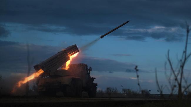 A BM-21 Grad multiple rocket launcher fires towards Russian positions on the frontline near Bakhmut. Picture: AFP