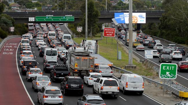 The morning peak has returned to its usual bumper-to-bumper status on the Eastern Freeway. Picture: Andrew Henshaw