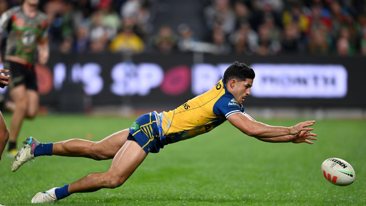 Mitchell Moses and Dylan Brown combined for an incredible try, to seal the Eels win over South Sydney. Picture: NRL Imagery.