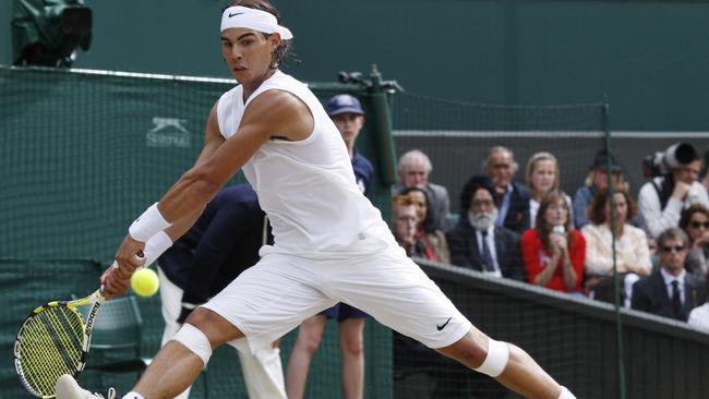 Nadal stretches for a backhand during the 2008 final. Picture: AFP