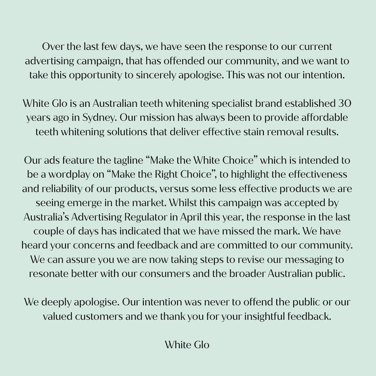 The brand also issued an apology on Instagram. Picture: Instagram/white.glo