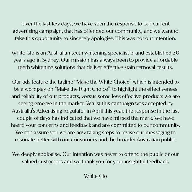 The brand also issued an apology on Instagram. Picture: Instagram/white.glo