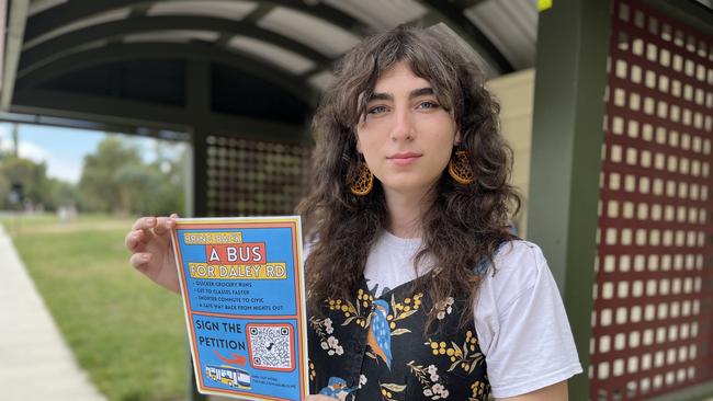 ANU Student Skye Predavec is petitioning the ACT government to bring back the Daley Rd bus. Picture: Julia Kanapathippillai