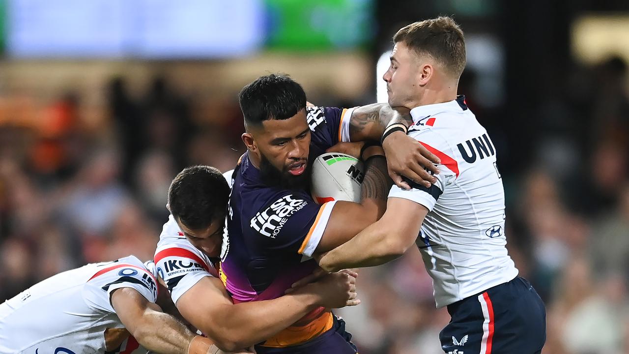 BRISBANE, AUSTRALIA - JULY 27: Payne Haas of the Broncos is tackled during the round 22 NRL match between Brisbane Broncos and Sydney Roosters at The Gabba on July 27, 2023 in Brisbane, Australia. (Photo by Albert Perez/Getty Images)
