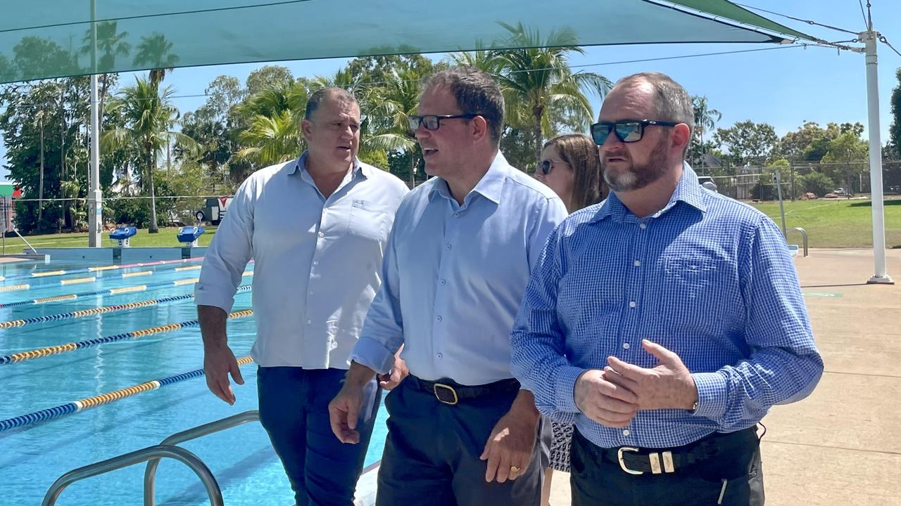 Member for Solomon Luke Gosling with contractors Halikos Construction at Casuarina Pool. Picture: Annabel Bowles