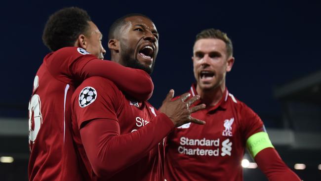Liverpool midfielder Georginio Wijnaldum celebrates a goal against Barcelona. Picture: AFP