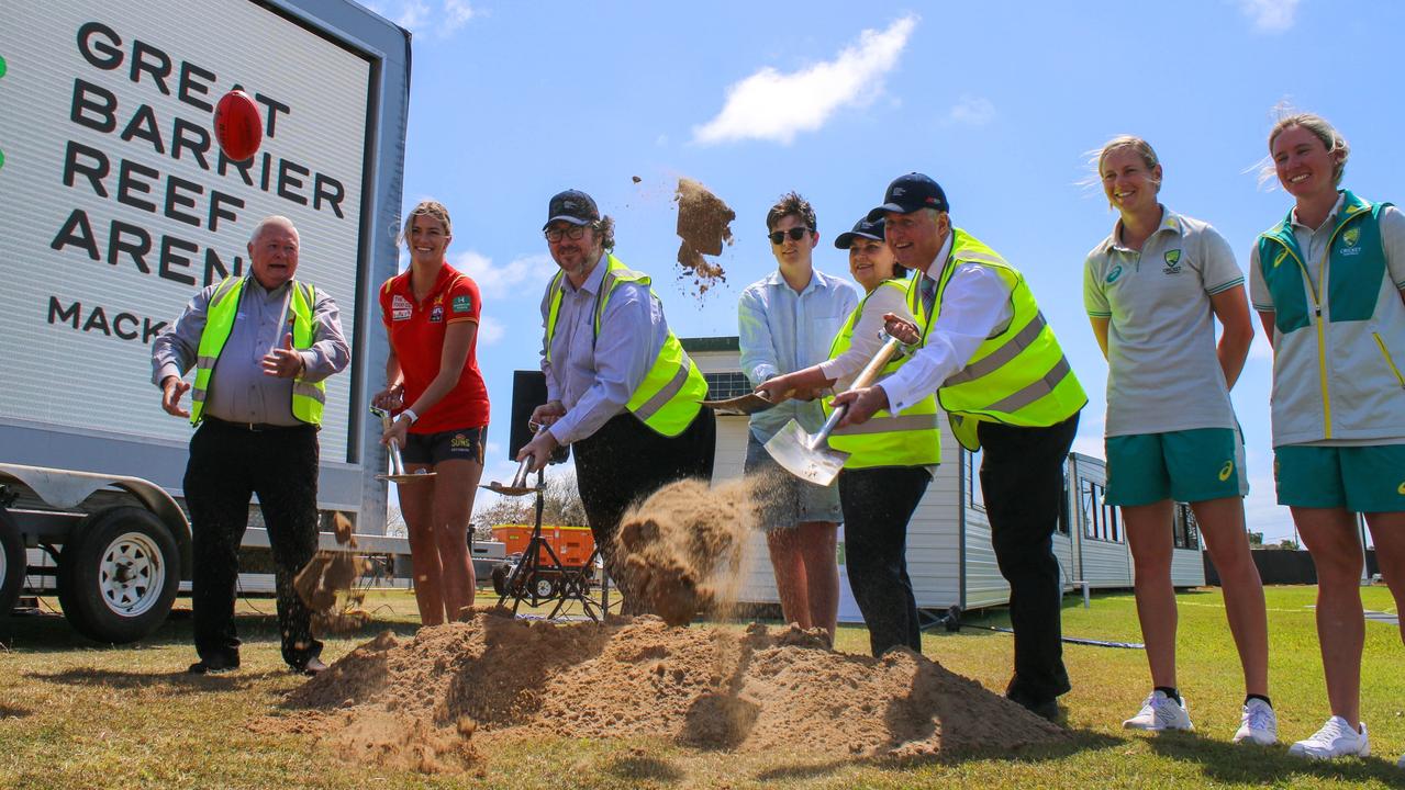 (From left) Terry Doolan, Lauren Bella, Member for Dawson George Christensen, Rory Mulherin, Member for Mackay Julieanne Gilbert, Mackay Mayor Greg Williamson, Meg Lanning and Beth Mooney at the official sod-turning event for Mackay's Great Barrier Reef Arena, Mackay, September 27, 2021. Picture: Contributed