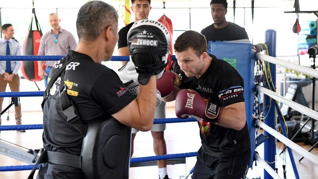 Australian boxer Jeff Horn works the pads in training for his rematch with Michael Zerafa. Picture: Getty Images