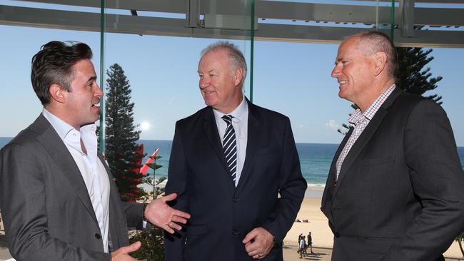 Village Roadshow CEO Clark Kirby talks with Gold Coast Health’s Ron Calvert and Southern Cross University’s Dean Gould. Picture: Glenn Hampson