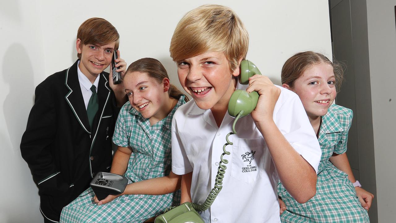 Cillian, Ruby, Ciaran and Ivy. Tizzie Hall is one of many mums reintroducing a landline – or family mobile phone in the living room – in a move to make social media less accessible to her kids. Picture: Alan Barber