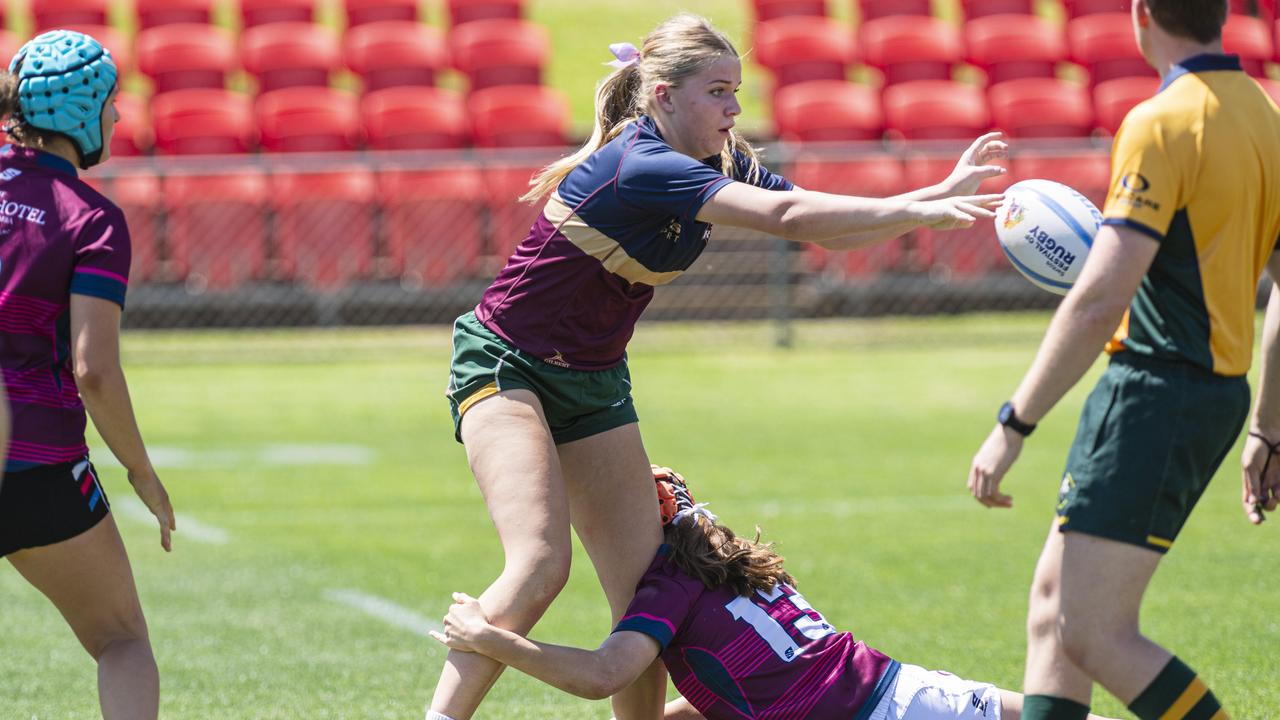 TAS U16 player Bridie Heeson in a club game as Downs Rugby host Next Gen 7s at Toowoomba Sports Ground, Saturday, October 12, 2024. Picture: Kevin Farmer