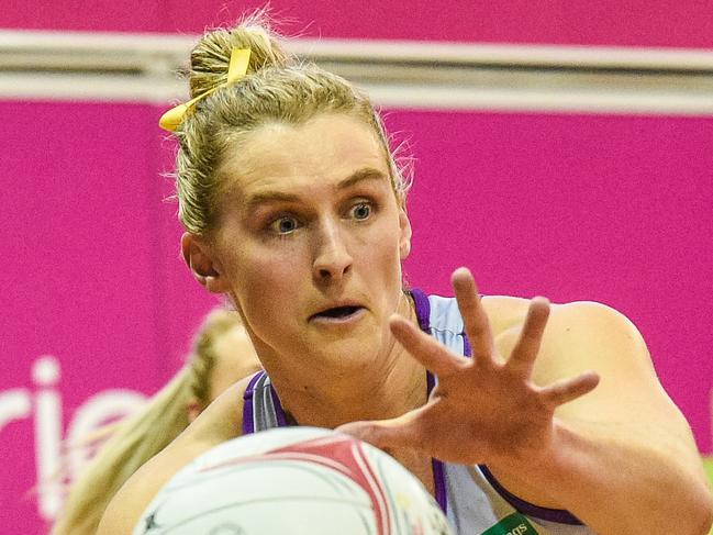 Gabi Simpson of the Firebirds passes the ball during the Round 5 Super Netball match between the Adelaide Thunderbirds and the Queensland Firebirds at Priceline Stadium in Adelaide, Sunday, May 26, 2019. (AAP Image/Roy VanDerVegt) NO ARCHIVING, EDITORIAL USE ONLY