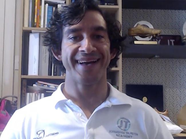 Johnathan Thurston talking to students from Kowanyama State School while online at his Townsville home. Picture: Supplied