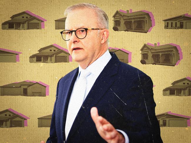 10 January 2025; A photo comp of Anthony Albanese on a mustard and pink coloured background with a pattern of houses. Artwork by Frank Ling. Sources: supplied. Ratio 4:3.