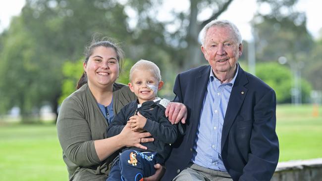 Renowned paediatric oncologist Dr Michael Rice with cancer patient Knox, 3, and his mother Amanda Lawless. Picture: Tom Huntley