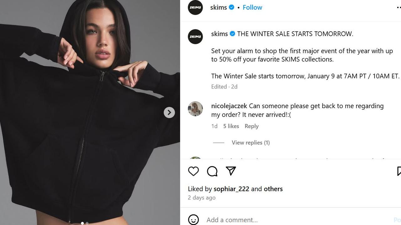 Kim Kardashian’s company Skims posted this on Instagram to promote its winter sale amid the LA fires. Picture: Instagram