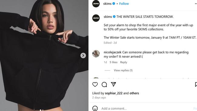 Kim Kardashian’s company Skims posted this on Instagram to promote its winter sale amid the LA fires. Picture: Instagram