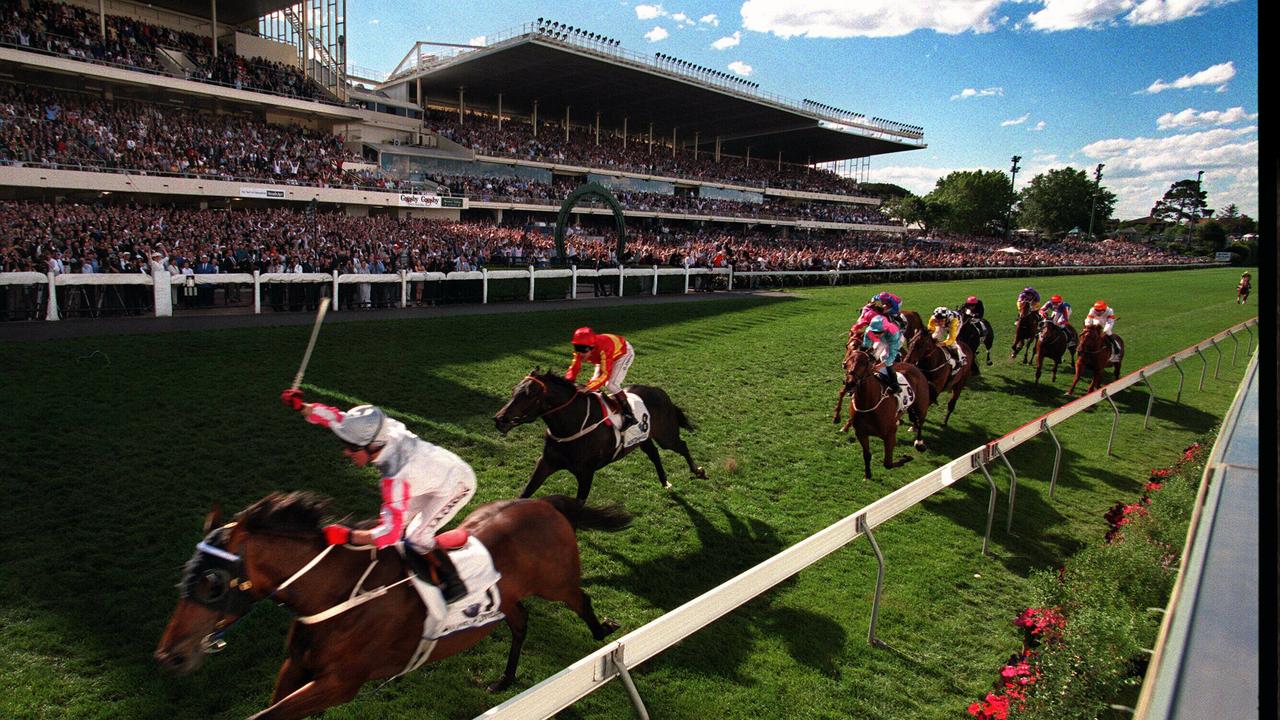Racehorse 'Might & Power', ridden by jockey Jim Cassidy winning 1998 WS Cox Plate at Moonee Valley, 24/10/1998.