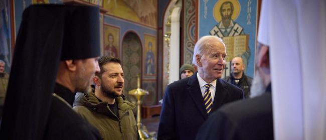 US President Joe Biden and Ukrainian President Volodymyr Zelenskyy visiting St. Michaelâs Golden-Domed Cathedral in Kyiv. Picture: AFP