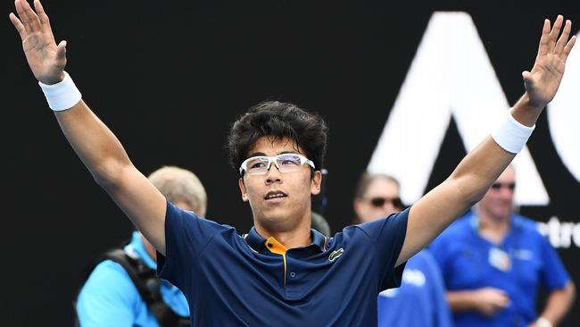 Hyeon Chung of Korea celebrates after defeating No.4 seed Alexander Zverev. Picture: Getty