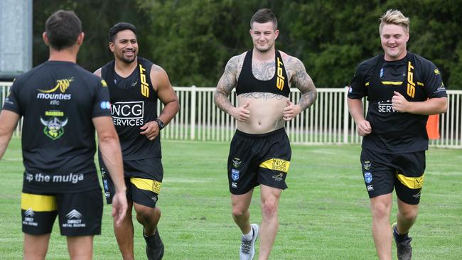 NSW Cup players Vaipuna Tia Kilifi, Dom Reardon and Magnus Stromquist with strength trainer Darrin Borthwick wear Sports Performance Trackers to collect data. Pics Ian Svegovic