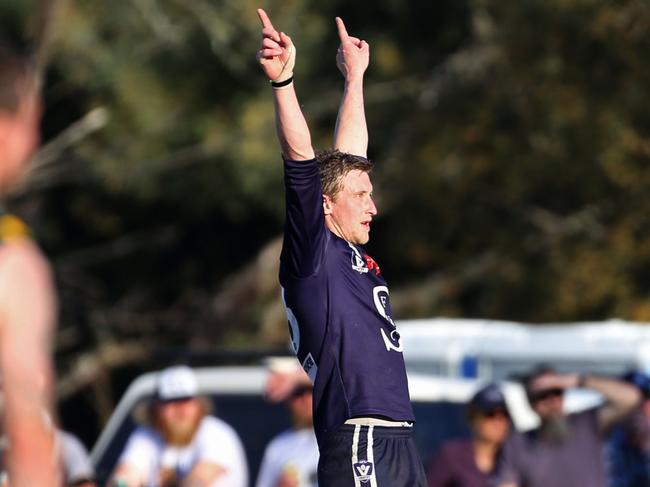 Nathan O'keefe celebrates a last quarter goal in the 2019 grand final. Picture: Stuart Milligan