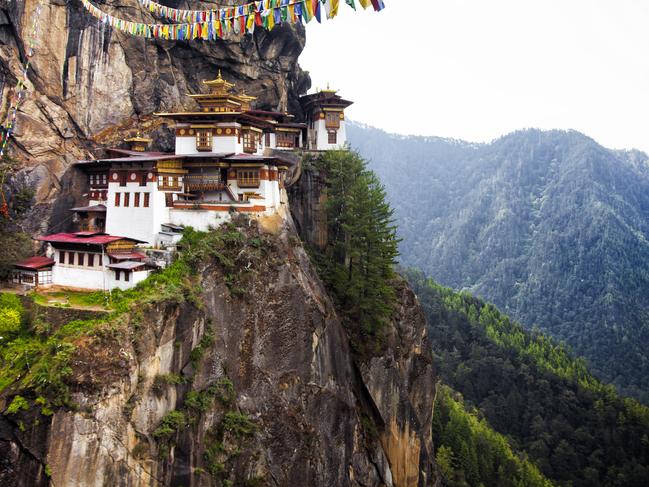 Taktsang Palphug Monastery (also known as Tiger's Nest), a prominent Himalayan Buddhist sacred site and temple complex, located in the cliff side of the upper Paro valley, in Bhutan.
